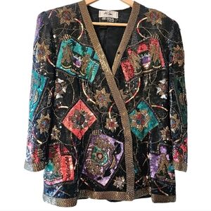 Lily Simon Vintage Silk Beaded Handmade Multicolor Women's Blazer Jacket Size 8.